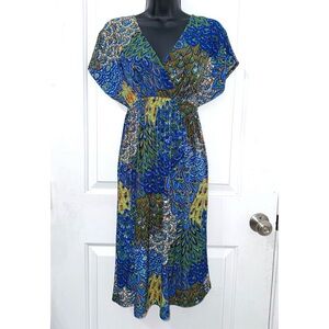 5th & Love short sleeve V-neck dress featuring a vibrant blue and green paisley